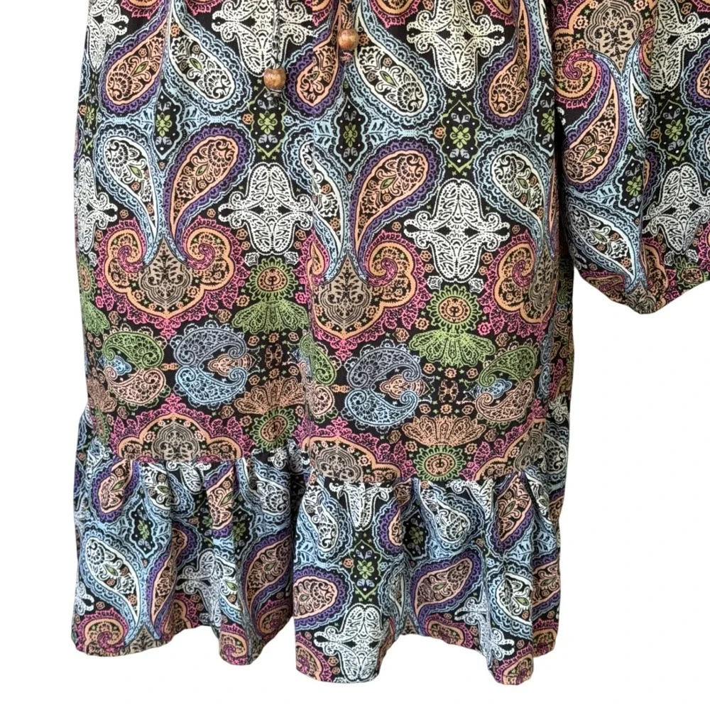 Earthbound Trading Co V Neck Lantern Sleeve Mini Dress Paisley Print Boho size S